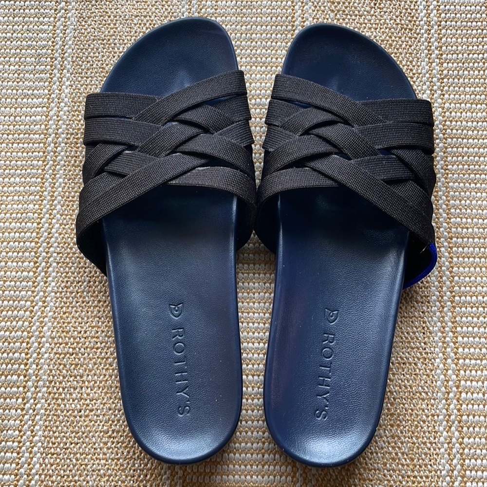 Rothy’s The Slide Night Sky Braided Sandal Blue Black sz 7